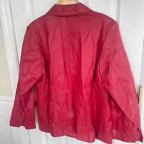 Pamela McCoy Jacket 1X Red Leather Button Front Pockets Lined - Picture 4 of 7